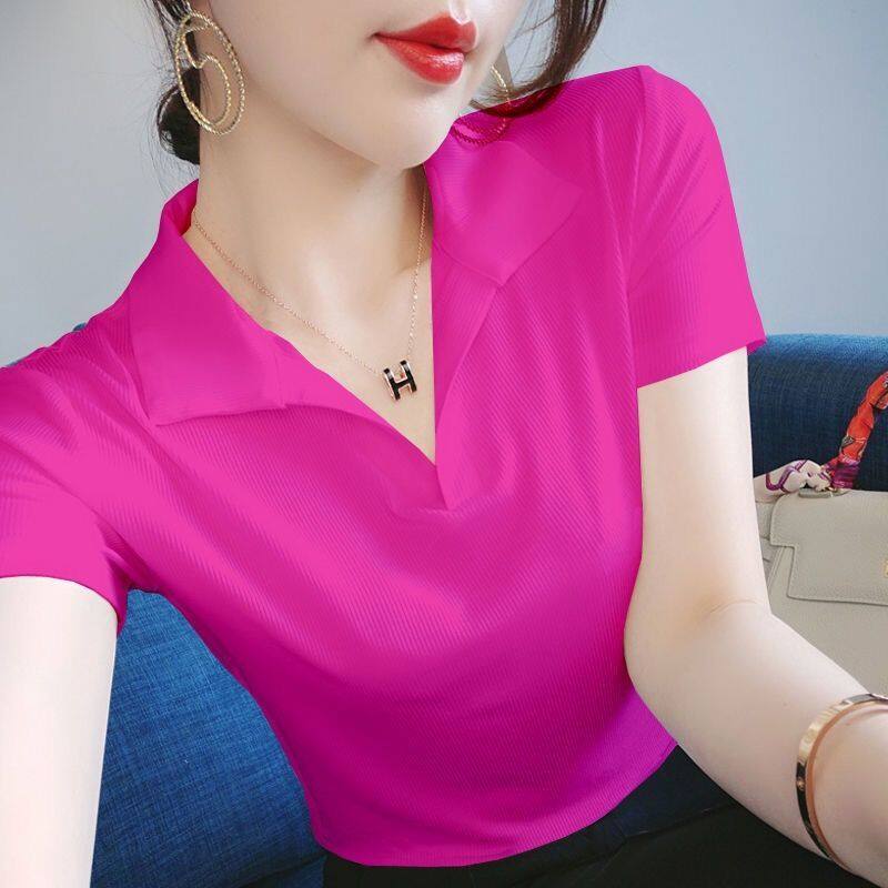 Áo Thun Ngắn Tay Bằng Lụa Lạnh Mới Mùa Hè 2021 Áo Khoác Mặc Lót Cổ POLO Học Sinh Hàn Quốc Dáng Rộng Cỡ Lớn Cho Nữ