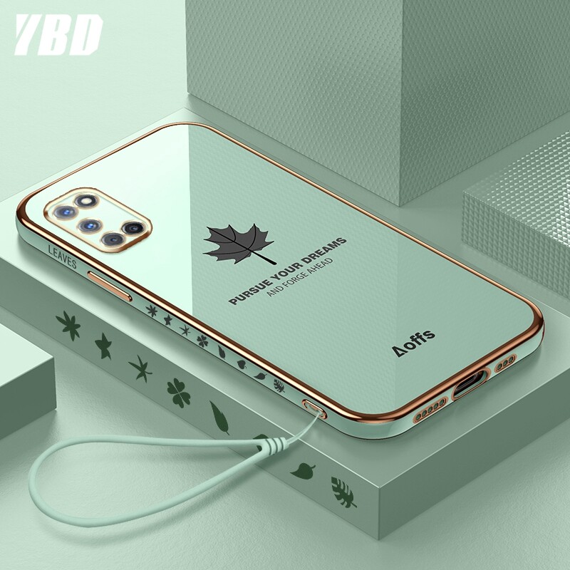 YBD Straight Edge Plating Phone case For OPPO A52 A92 casing,Precise Camera Protection case Maple leaf pattern cover with Free lanyard