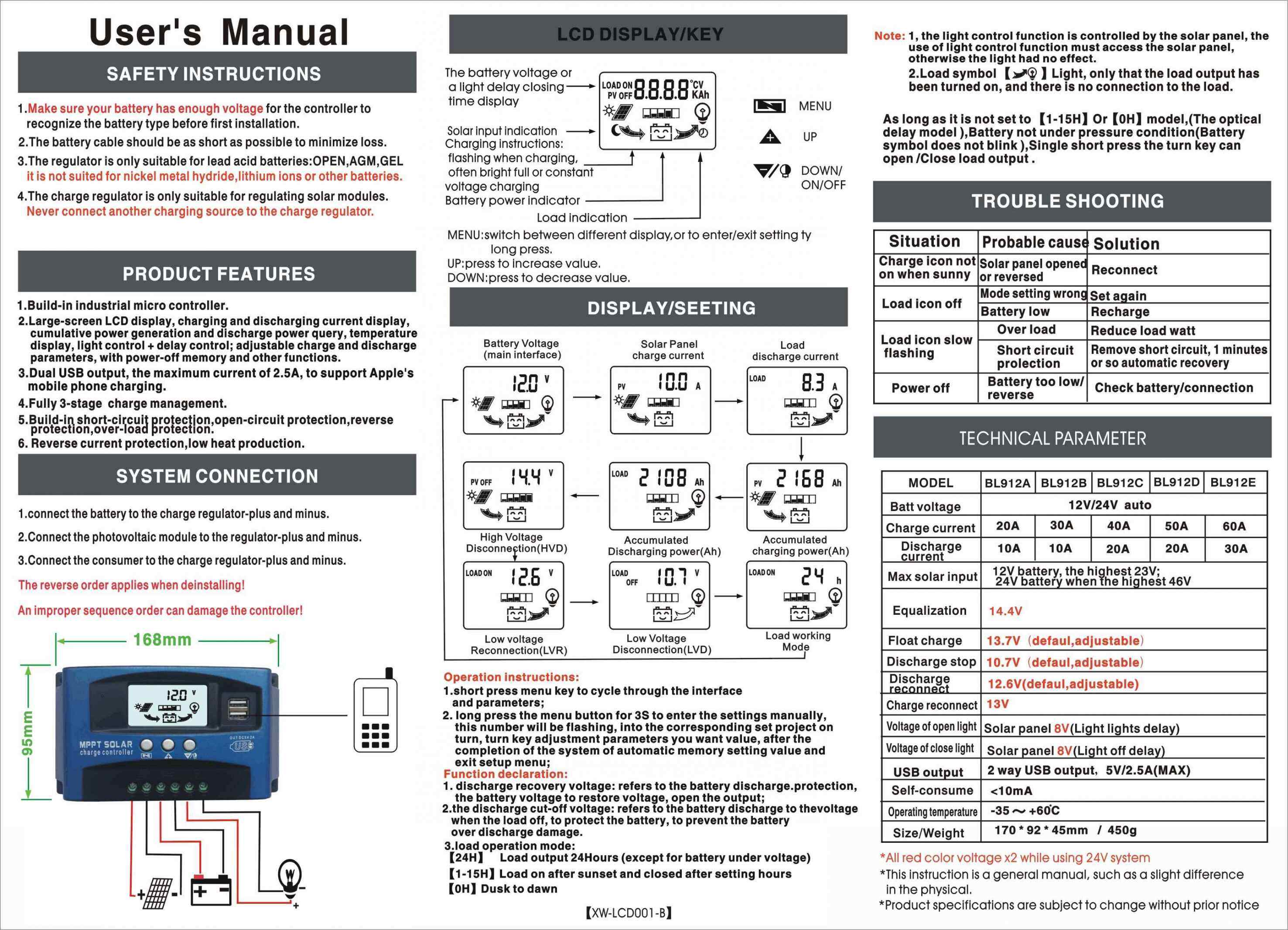 Bộ điều khiển sạc năng lượng mặt trời 100A MPPT Dual USB LCD Hiển thị Bộ điều chỉnh sạc pin mặt trời tự động