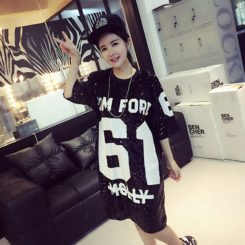 Fashion T-shirts Women Black And White Letters Long Loose T Shirt Girls Student Leisure T-shirt Ladies Night Club Clothing 061