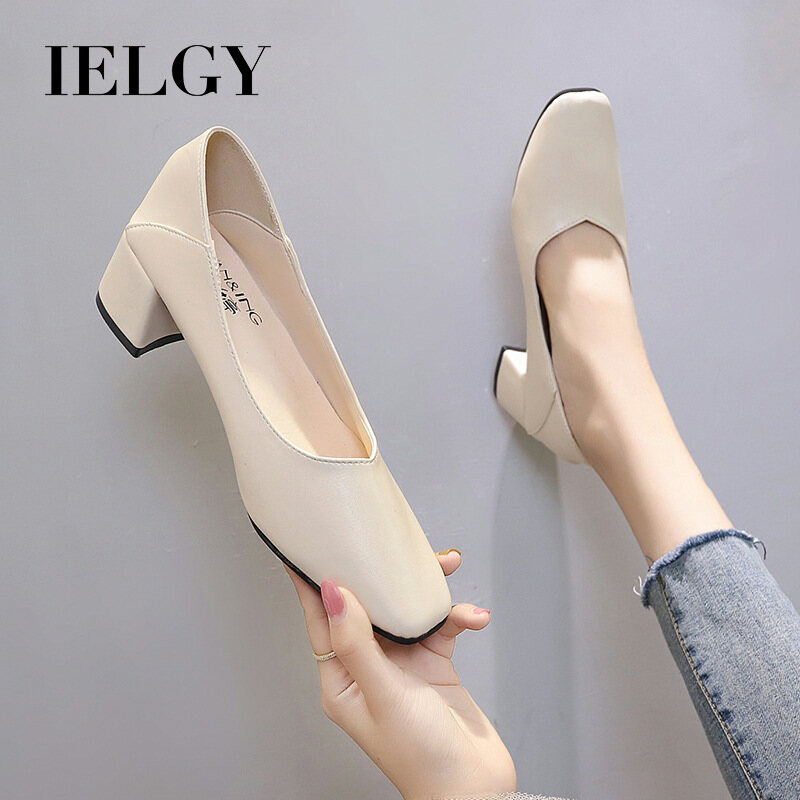 IELGY women's high heels reversible shallow mouth 5cm thick heel square toe small leather shoes