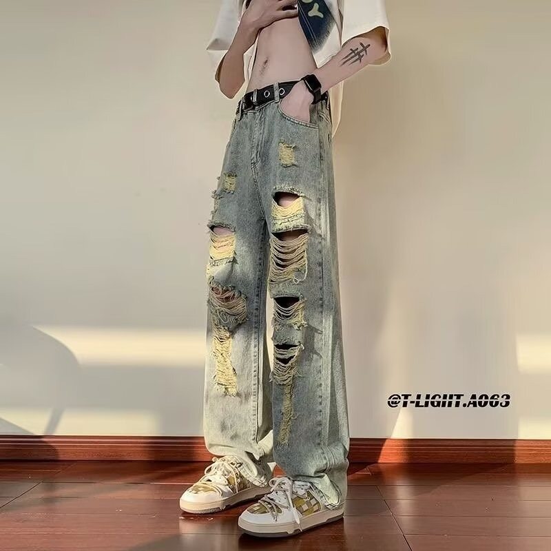 TIDE BEAR Ripped jeans men's fashion vintage loose trousers casual comfort fabric pants