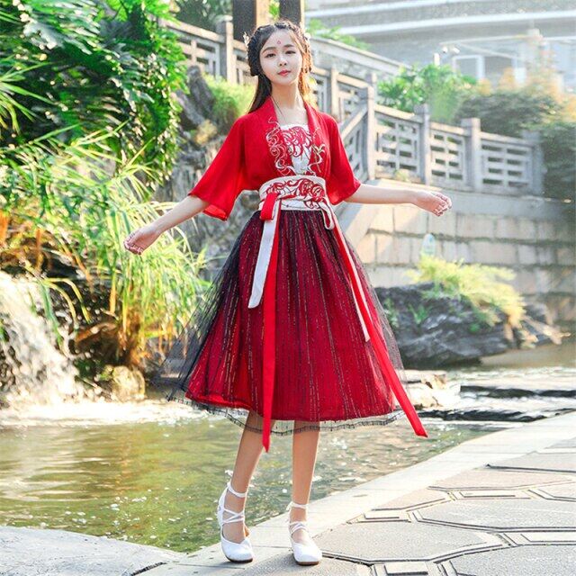 【Ready stock】Woman Chinese Traditional Hanfu Dress Ancient Elegant Embroidery Dance Wear Summer Red Fairy Short Sleeve Top Mesh Skirt