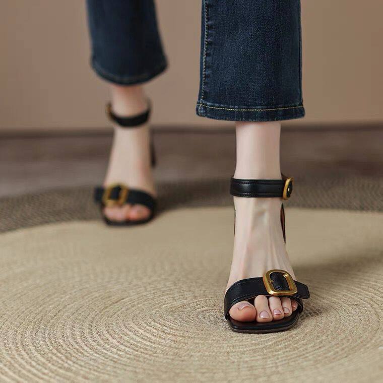 2023 summer new elegant retro square head buckle fashion open toe chunky heel sandals women's high heels