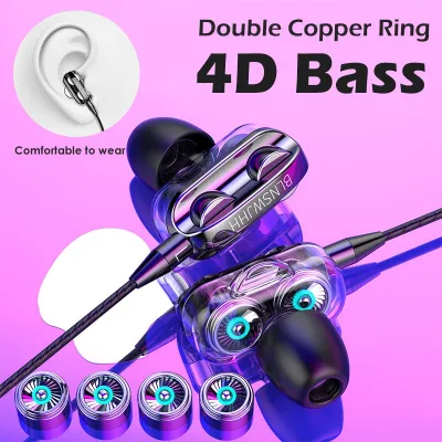 ♥Available Stock +FREE♥New Upgrade 4D Bass Dual Speakers Earphones Wired Headset HiFi Stereo Headphones with Microphone(3.5mm interface)Earphone
