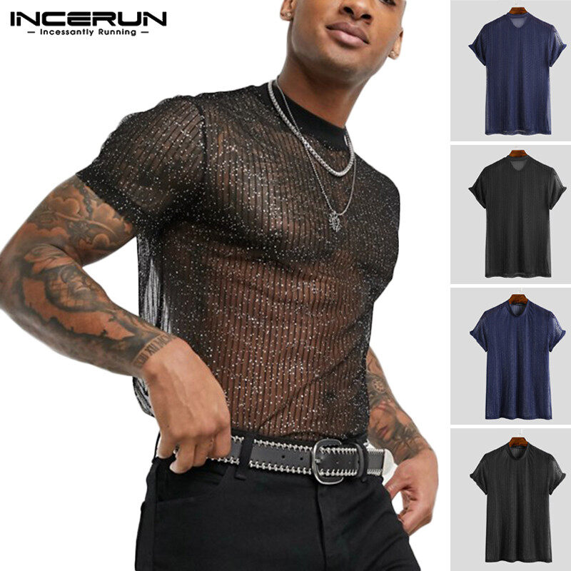 (Western Style)Beehoo INCERUN See Through Mens Mesh T Shirt Tops Short sleeve Tee