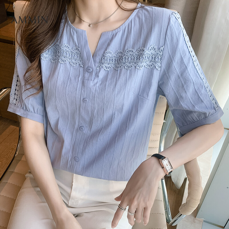 AMMIN Tops 2023 summer new style lace ribbon temperament V-neck short-sleeved single-breasted cardigan chiffon shirt women's embroidery crochet hollow lace stitching lantern sleeve sweet beauty blouse