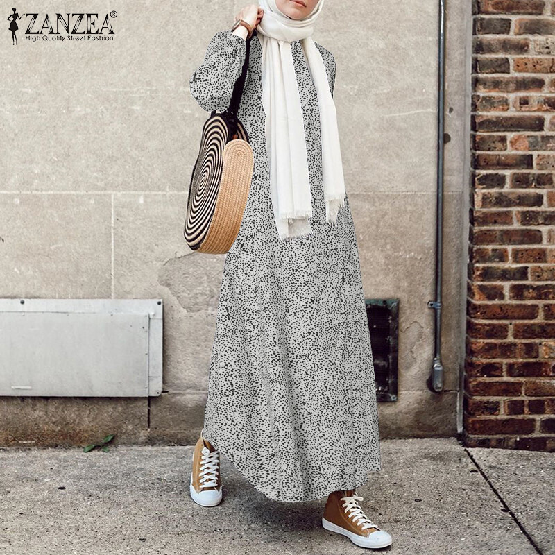 HijabFab ZANZEA Muslimah Women Baju Muslim Dress Long Sleeve Abaya Kaftan  Polka Dots Casual Loose Maxi Dress Murah | Lazada Singapore
