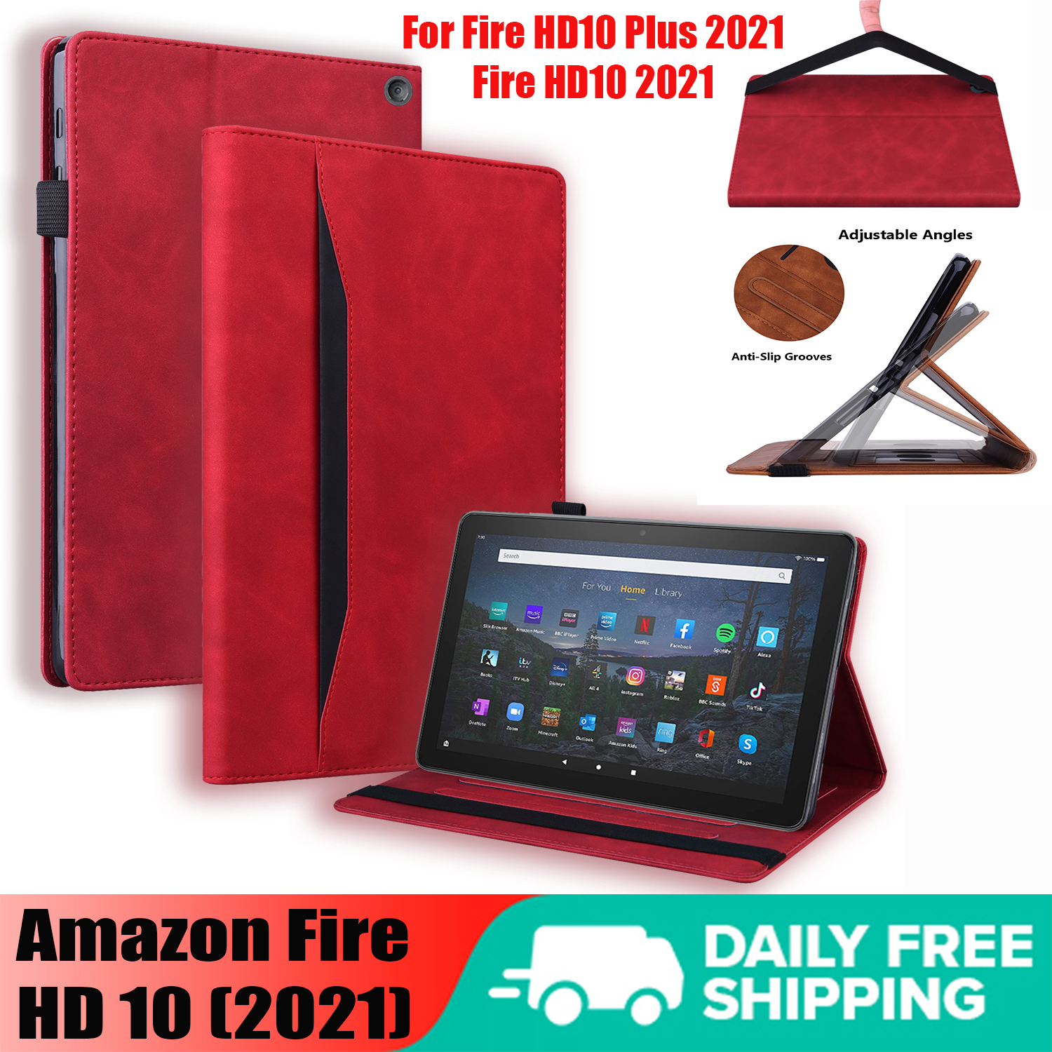For Amazon Fire HD 10 Plus (2021) HD10+ 10.1" Business Splicing Shockproof Tablet Protective Cover Fire HD 10 PU Leather Flip Case With Card Holder Bracket