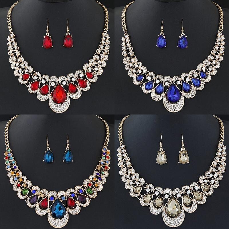 LM Fashion Women Crystal Rhinestone Statement Bib Pendant Necklace Earrings Set Choker Chain Collar Jewelry