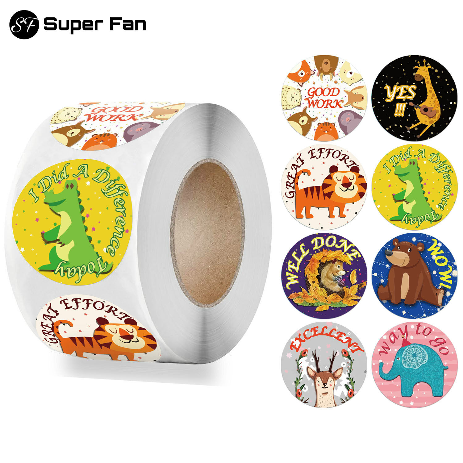 (Super Fan) 500pcs/roll Animals Reward Stickers Cartoon Pattern Cute Words Encourage Sticker for Kids Gift Student Motivational Sticker Roll