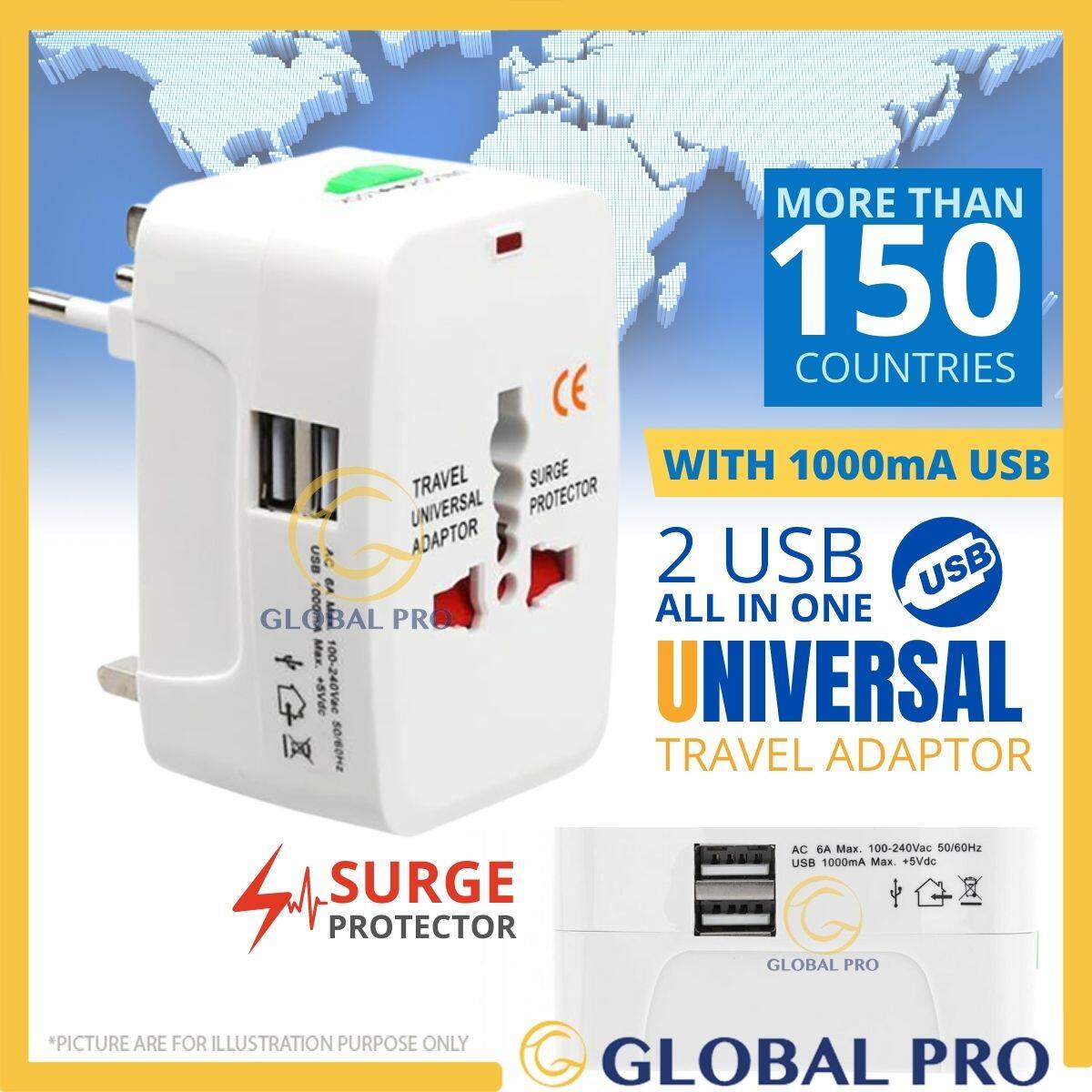 2USB Multi-Purpose Global Universal Travel Adapter Plug Double USB Port ...