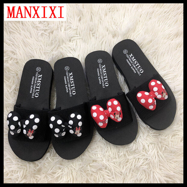 MANXIXI Beautiful 1.18 Inches Wedge Sandals Anime Mouse Inlay Rubber Sole Sturdy Flat Slippers For Women (Size 35-40)