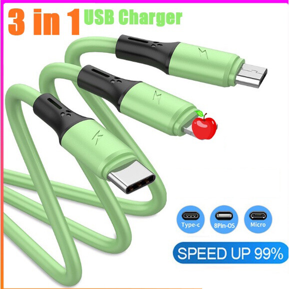 3 In 1 Universal Fast Charging USB Cable Liquid Silicone Quick Charge Line USB Cable USB-C Data Transmission Line for Android Apple Type-C