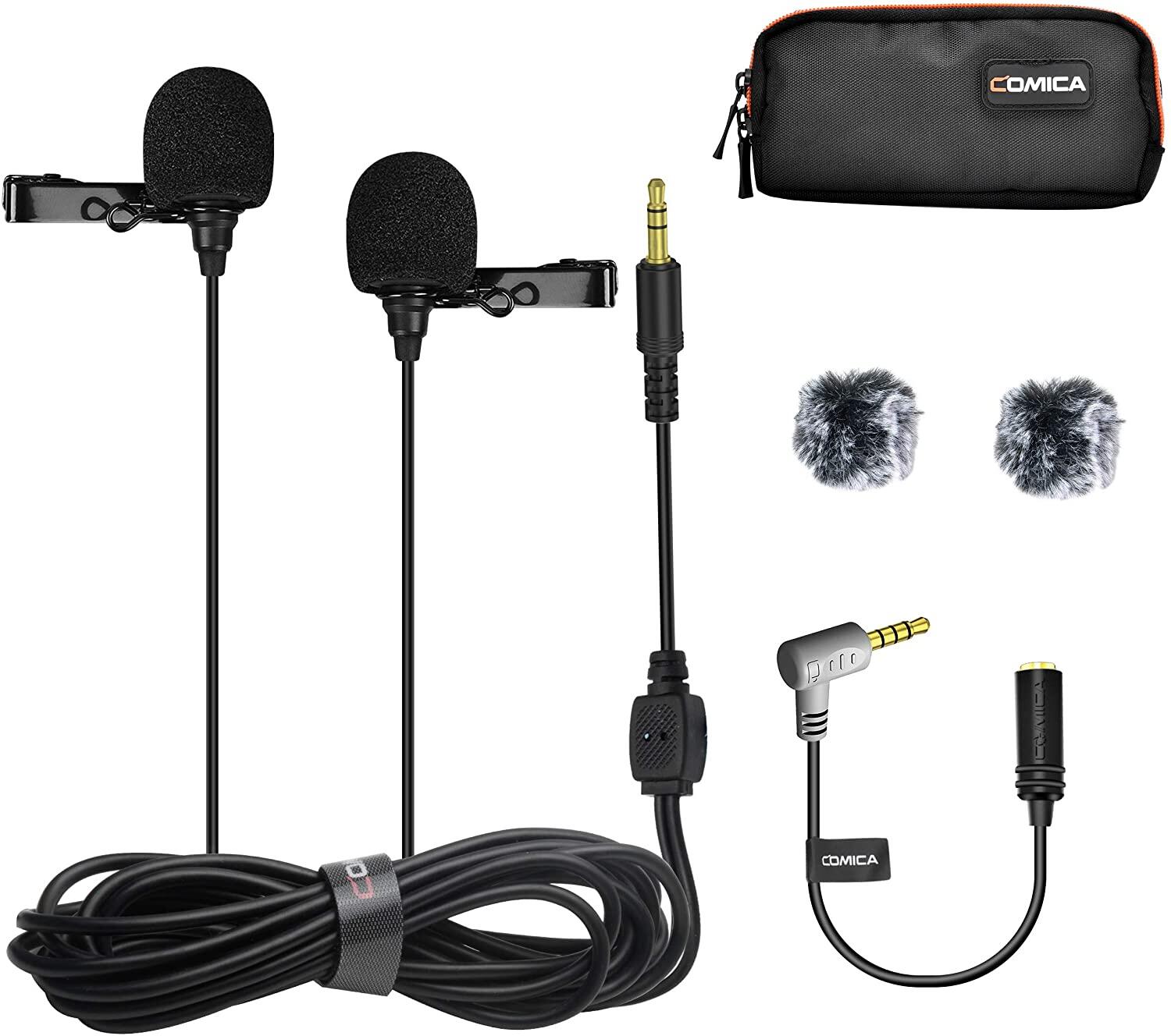 Comica CVM-D02B Dual-head Wired Lapel Microphone Lavalier Condenser Microphone Omnidirectional Double Lav Mic for Phone Camera Gopro(3.5mm TRS)