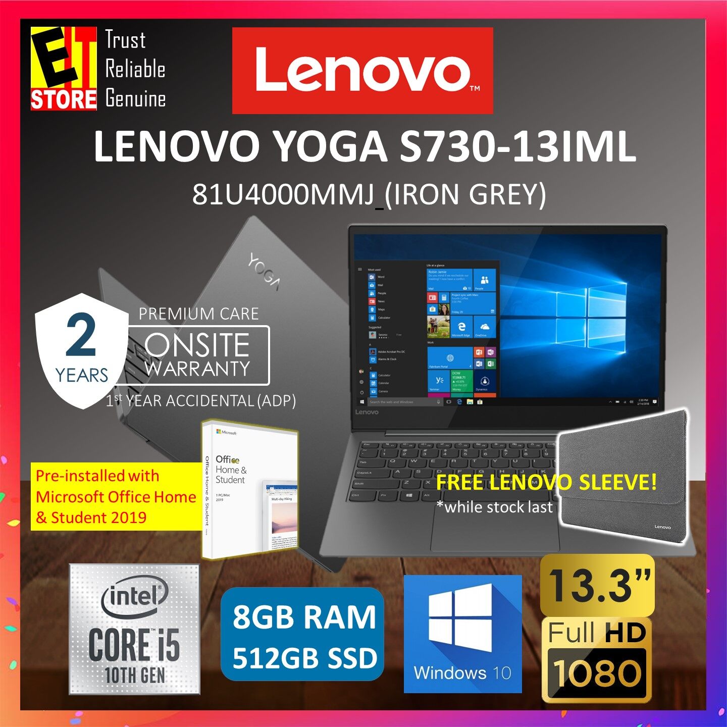 LENOVO YOGA S730-13IML 81U4000MMJ LAPTOP -IRON GREY (I5-10210U/8GB/512GB/13.3 FHD/W10/2YRS+ 1ST YR ADP) WITH MS.OFFICE HOME & STUDENT Malaysia