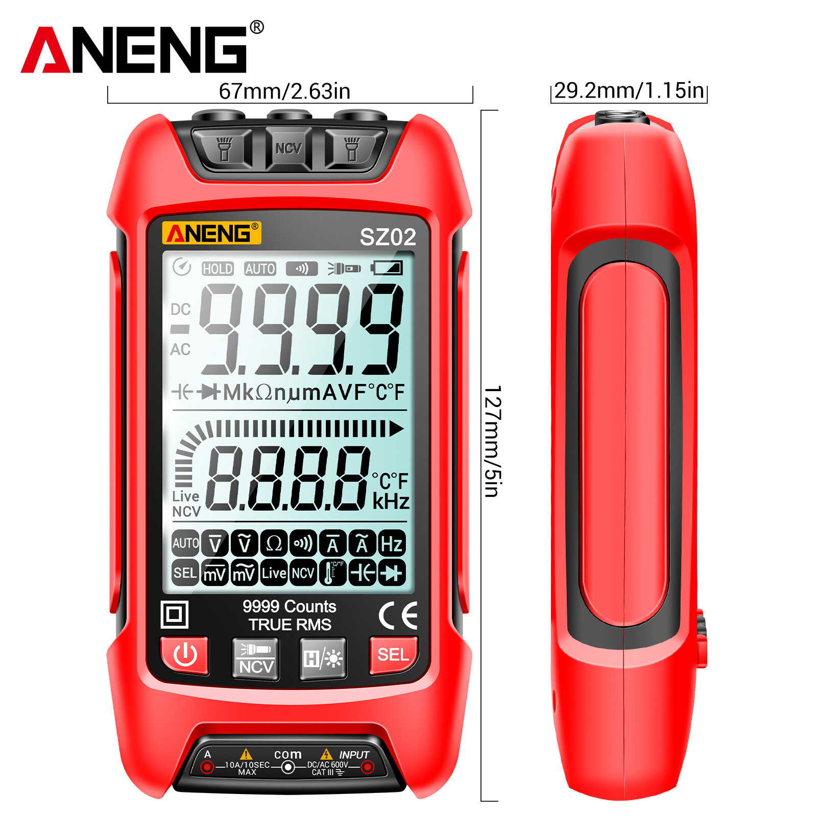 KKmoon Đồng Hồ Vạn Năng Kỹ Thuật Số Thông Minh ANENG SZ02 Đồng Hồ Vạn Năng NCV Phạm Vi Tự Động 9999 Số Đếm Máy Kiểm Tra Đa Năng Cầm Tay Vôn Kế Ampe Kế Có Đèn Nền Đèn Pin Điện Áp AC/DC & Điện Trở Dòng Điện Đo Nhiệt Độ Tần Số Điện Dung