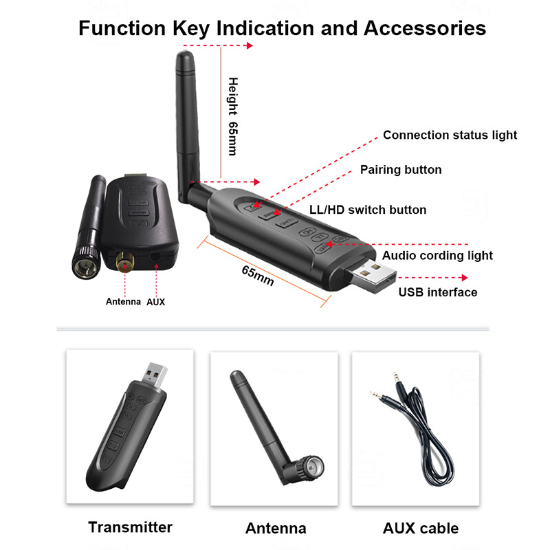 VAORLO Qualcomm QCC3056 USB Dongle Adapter Bluetooth 5.3 Wireless Audio Transmitter Low Latency Computer Adapter With Mic 3.5mm AUX RAC aptX HD LL Adaptive For T V PC