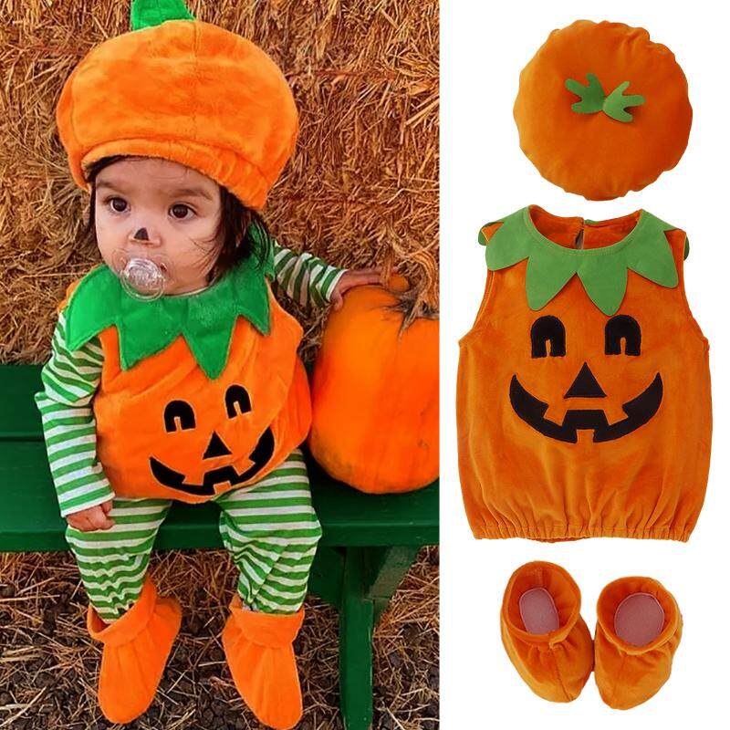 Toddler Infant Baby Boy Girl Pumpkin Halloween Costumes Romper Bodysuit Outfit with Hat 0-3T (3pcs Halloween Costume Set