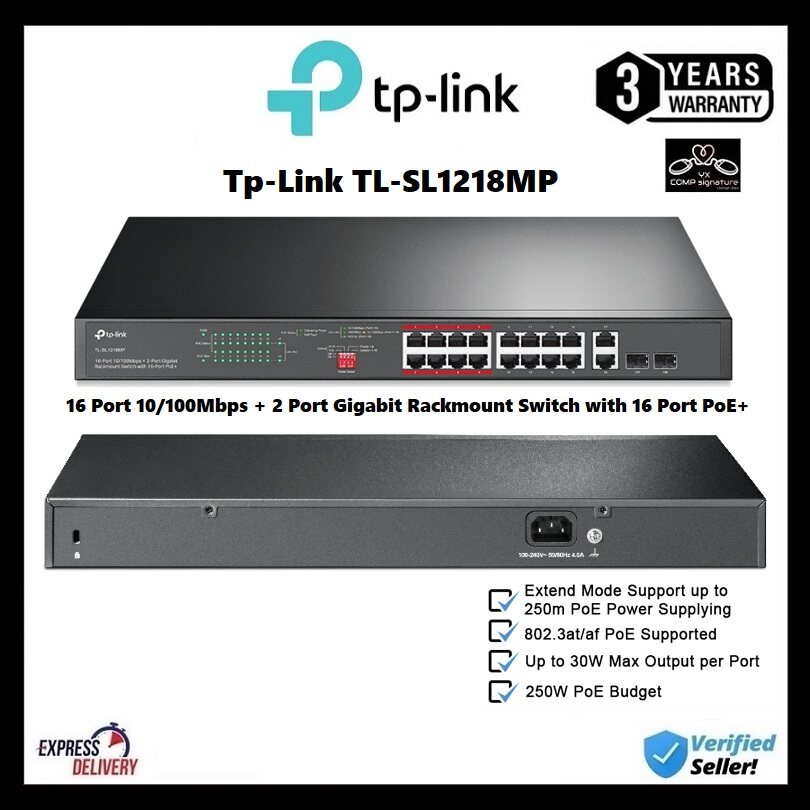 Tp-Link TL-SL1218MP 16 with Switch Port 2 Rackmount PoE+ + 10/100Mbps Lazada Port | 16 Gigabit Port