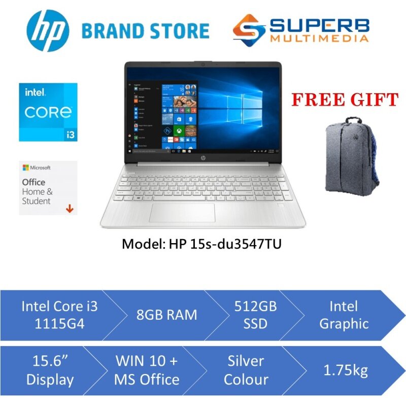 HP Laptop 15s-du3547TU Silver (Intel Core i3 11gen, 8gb ram, 512gb ssd, Intel Graphic, 15.6 FHD, Win10, OPI) Malaysia