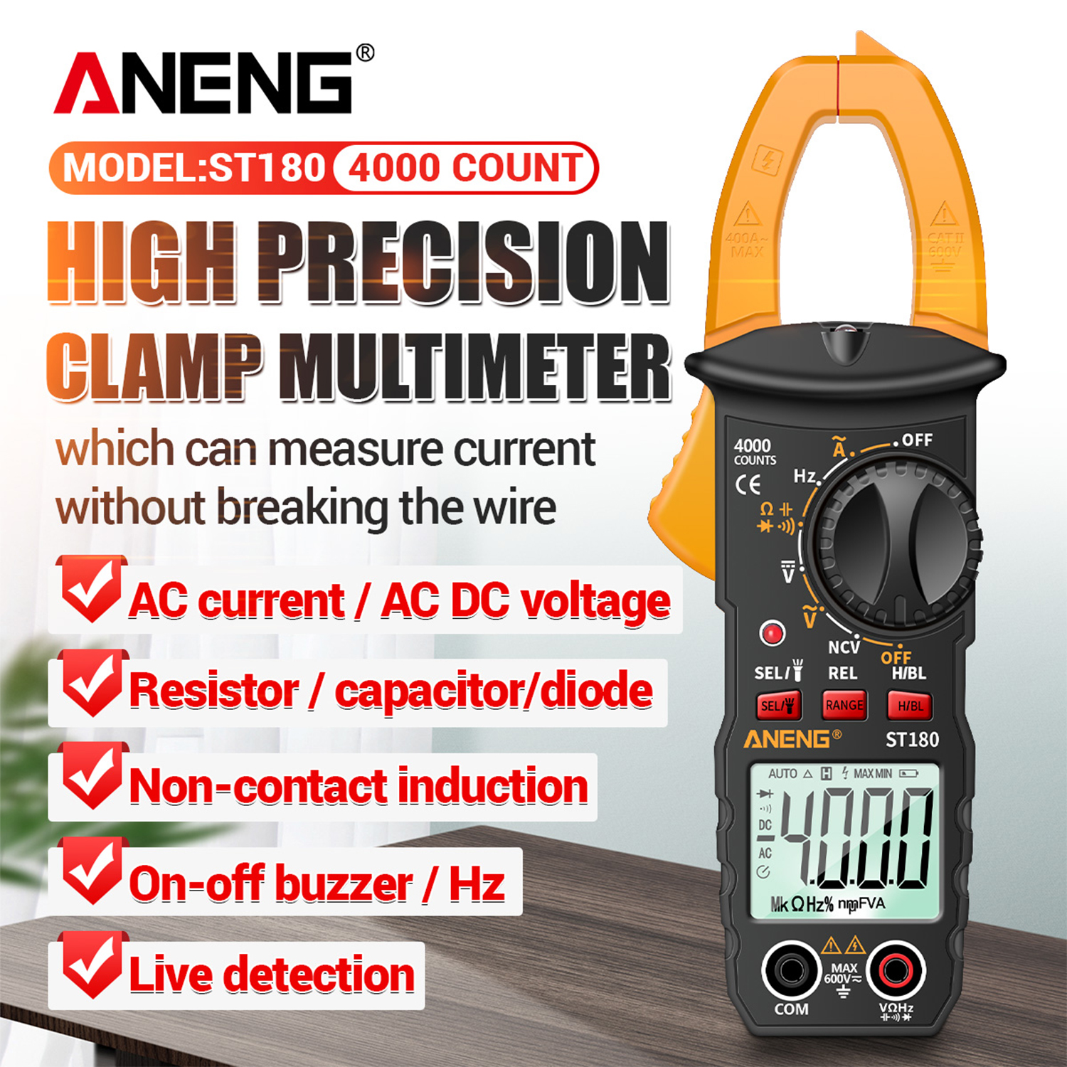 ANENG ST180 4000 Counts Digital Clamp Meter Multimeter Clamp Multimeter Voltmeter Ammeter AC DC Voltage AC Current Meter NCV Tester Universal Meter Tester Current Clamp Tester -30~1000°C Temperature Resistance Capacitance Frequency Diode Measurement