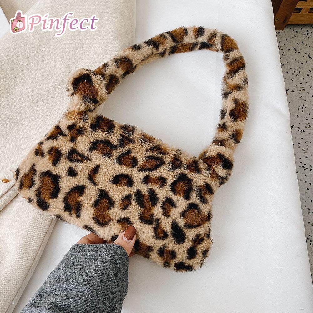 [Pinfect] Vintage Plush Handbag Women Shoulder Bag Milk Cow Zebra Leopard Animal Print Casual Underarm Bag Top-handle Pouch Purse