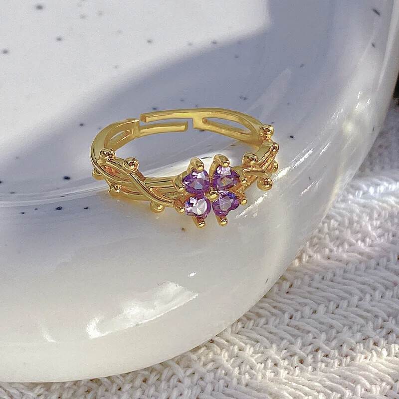 【HOMP】Purple clover zircon open ring women gift
