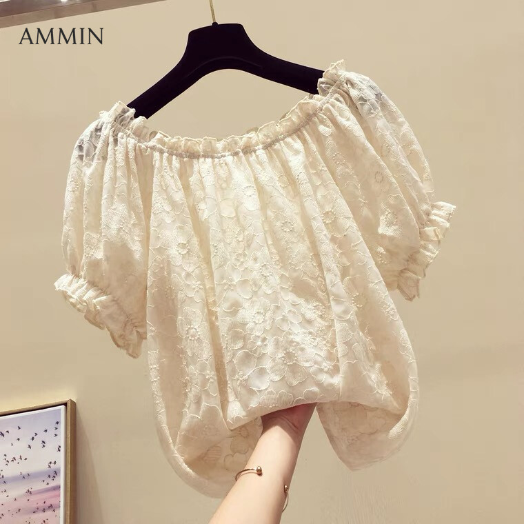 AMMIN Korean style elastic elastic round neck puff sleeve chiffon shirt women's 2023 new fashion summer chic off-shoulder floral embroidery elegant all-match blouse ins tops hot