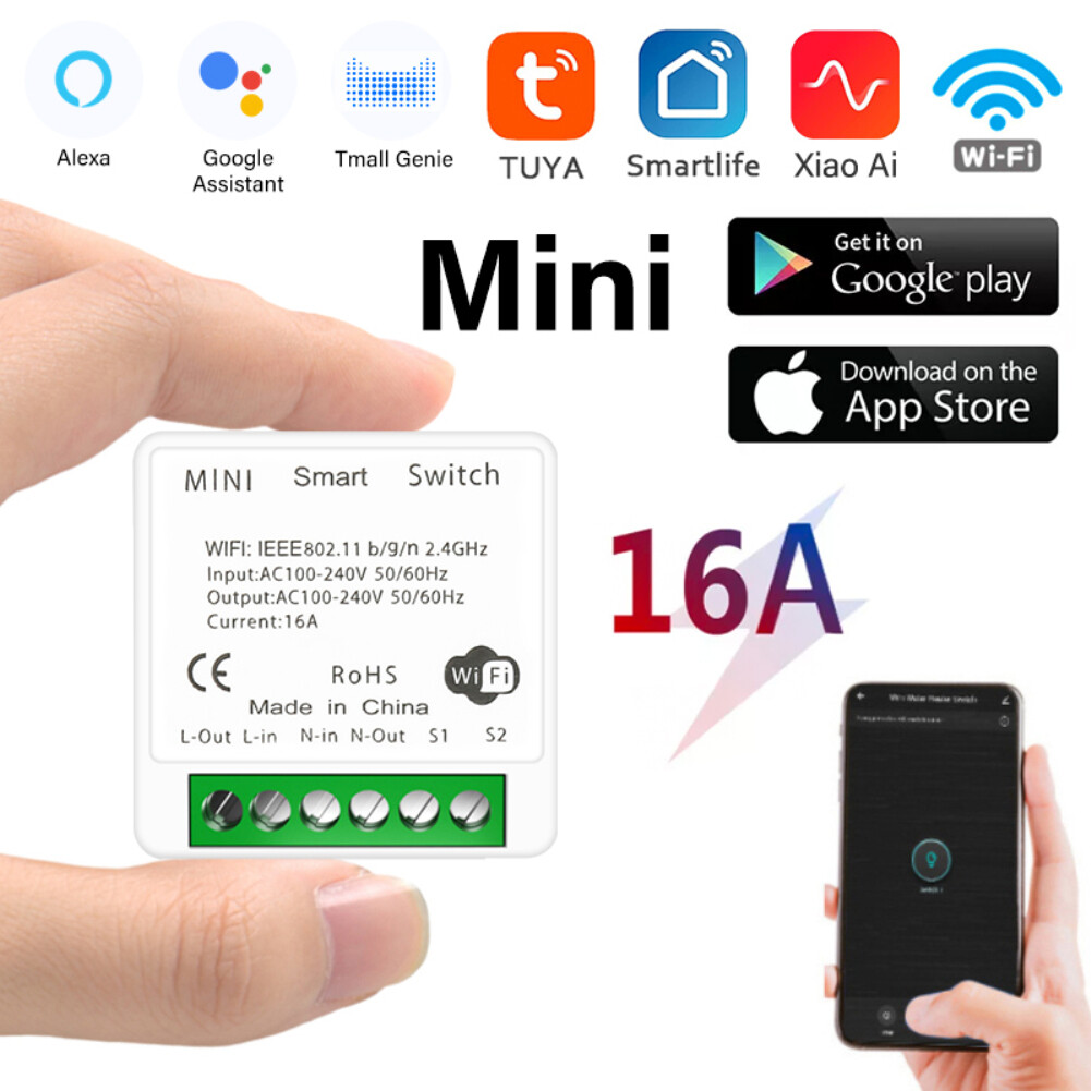 【Same Day Shipping】16A MINI Wifi Bluetooth Smart Switch Supporte 2-way Control Timer Wireless Switches Smart Home Automation Compatible With Tuya AlexaGoogle Home,Bluetooth WiFi Dual Mode, No Switch (direct Wire) + Single Control Switch + Double Control S