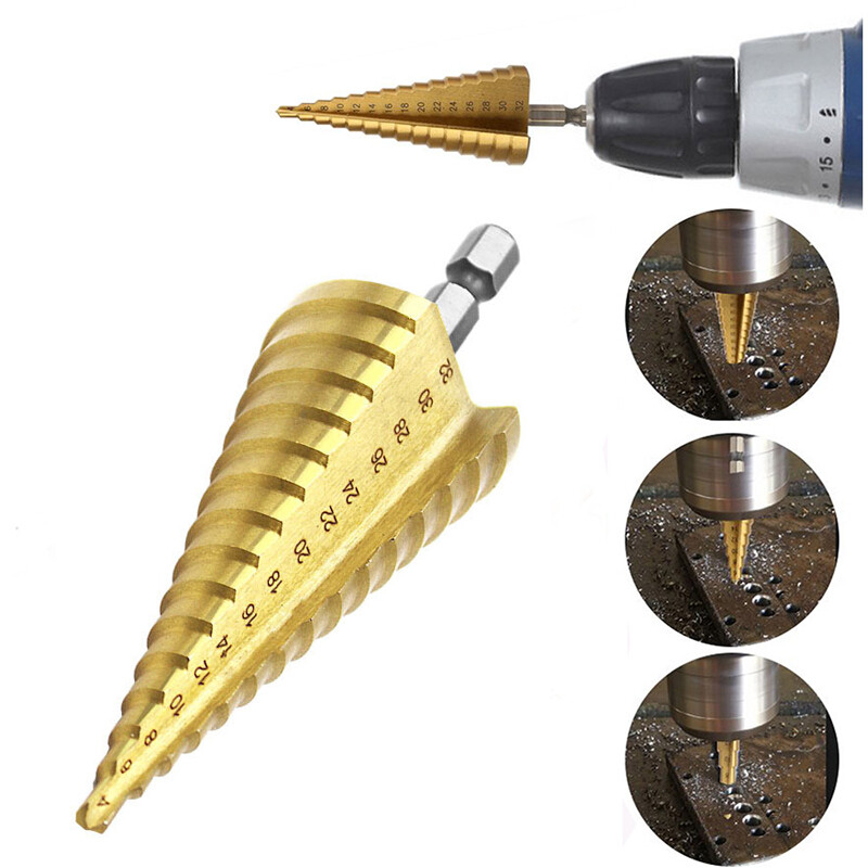 [Ready Stock] KIPRUN 4-32mm HSS Titanium Coated Step Universal Drill Bit Set, 4-32mm HSS Titanium Coated Step Drill Bit Drilling Power Tools for Metal High Speed Steel Wood Hole Cutter Cone Drill