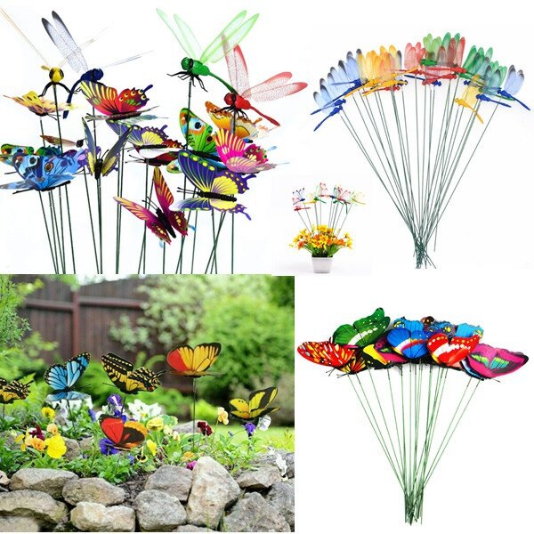 Dream Hunter 10Pcs Garden Decoration Stakes Artificial 3D Dragonflies Butterflies Insert Rod Simulation Dragonfly Gardening Lawn Art Decal
