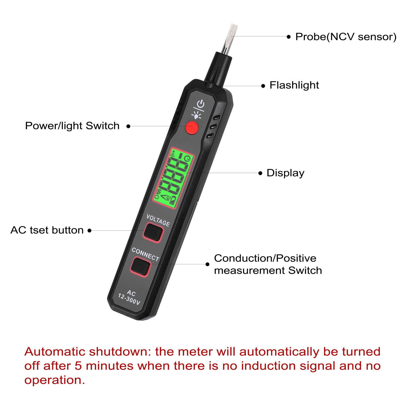 Smart Sensor LCD Display Electric Test Pen AC12-300V Voltage Tester Live/Zero Wire Detector Cable Breakpoint Finder with Flashlight and Sound Light Alarm Function