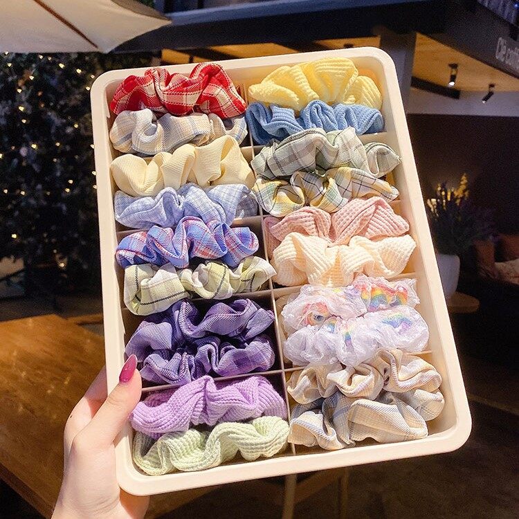 7/8/10 Pcs Chiffon Plaid Hair Tie Set Girls Ponytail Elastic Scrunchies Accessories