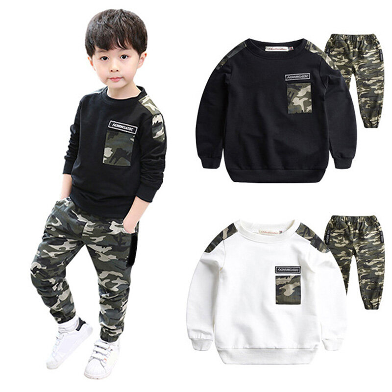 KTtrade 1-12Years Children Boys Clothing Sets Autumn Cotton Camouflage Pattern Long Sleeve T-shirt Tops +Trousers Outfits Set