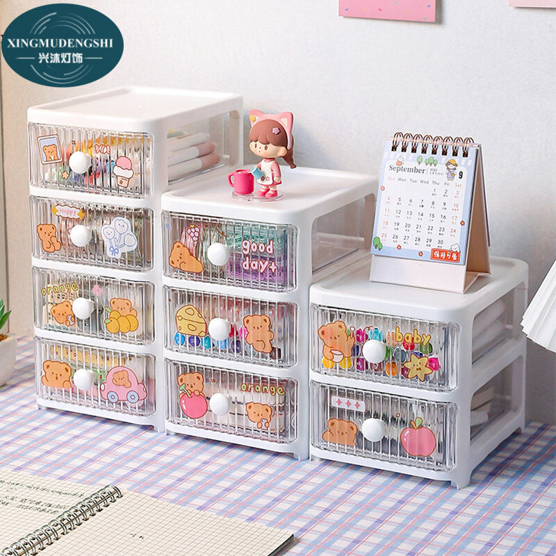 XMDS Office drawer type cartoon desktop storage box storage cabinet plastic multi-layer dormitory stationery cosmetics storage box