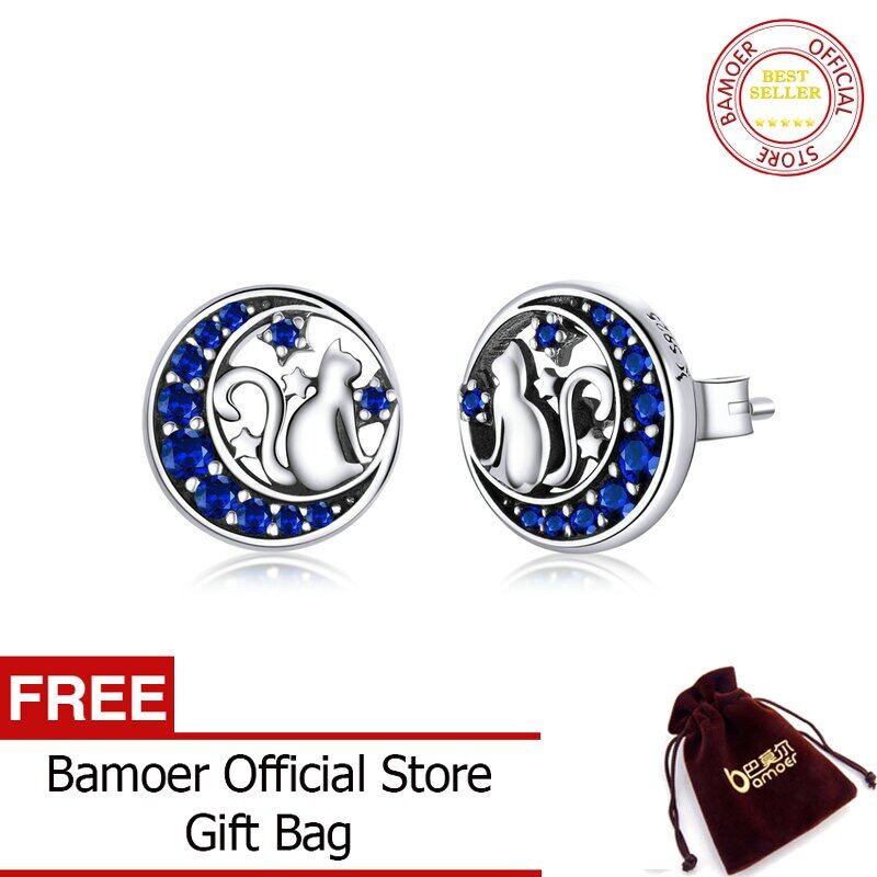 Bamoer genuine 925 sterling silver cat on the moon round stud earrings for women ear pins fine jewelry 2020 new sce880