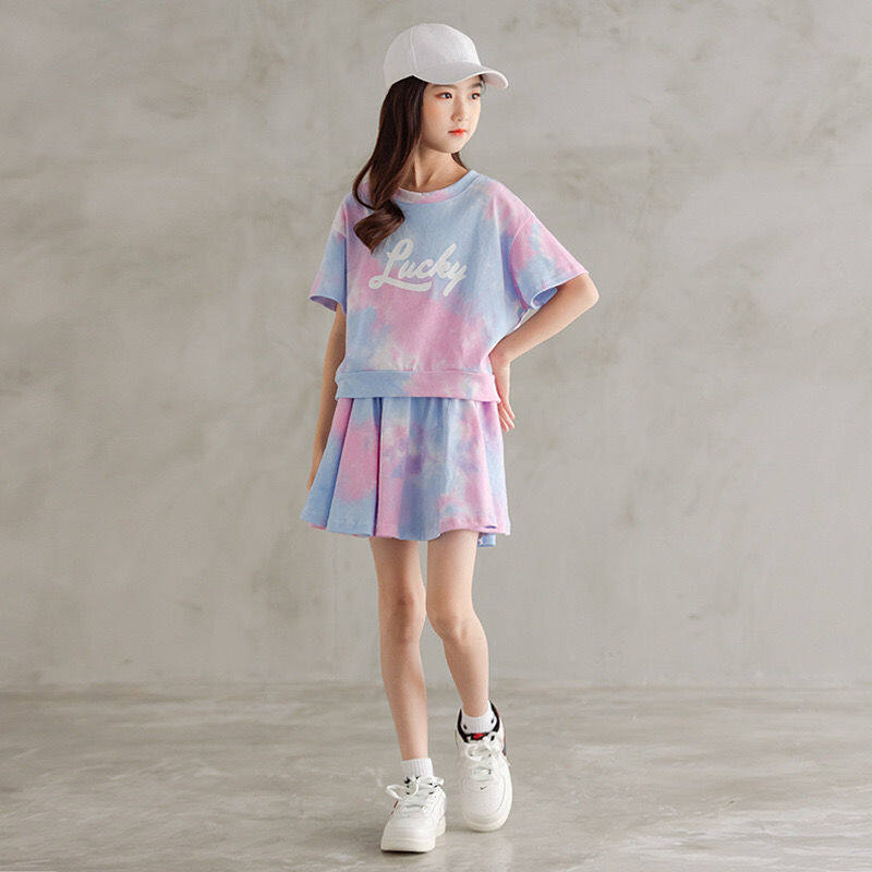 PearlPiggy Girl's Suit Summer Korean Big Boy Girl Short Sleeve Short Skirt Two Piece Set
