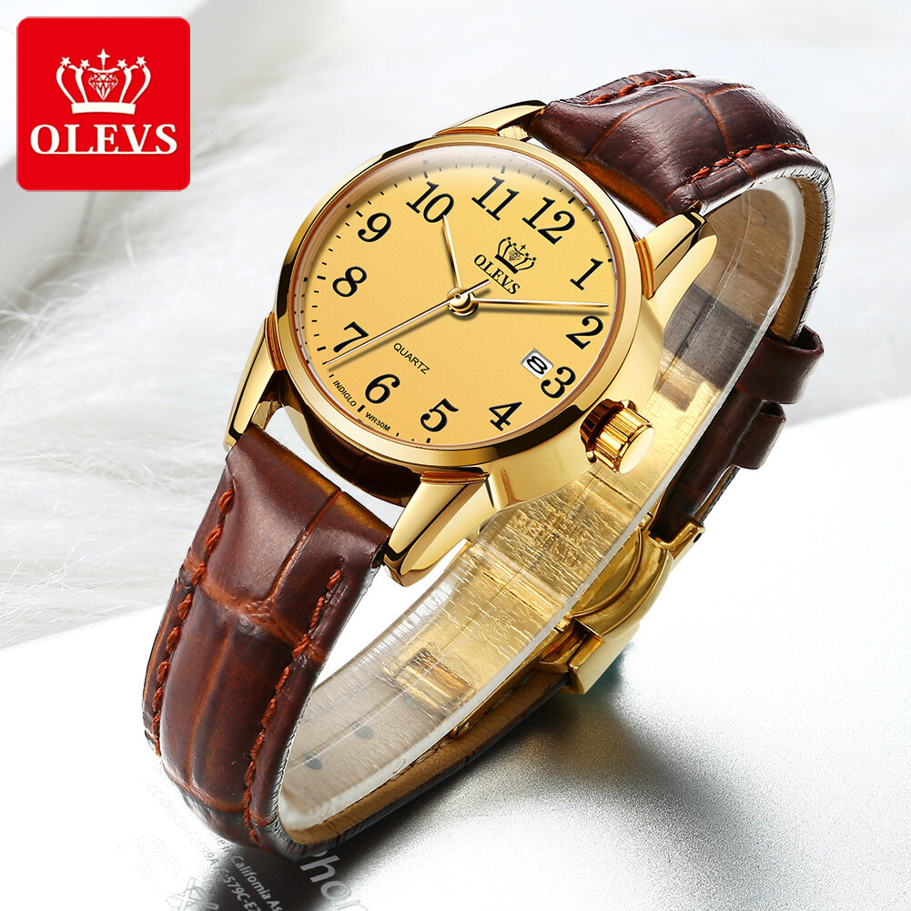 Olevs original fashion woman watch, simple small dial, waterproof date window, student sports watch Leather strap Breathable and comfortable