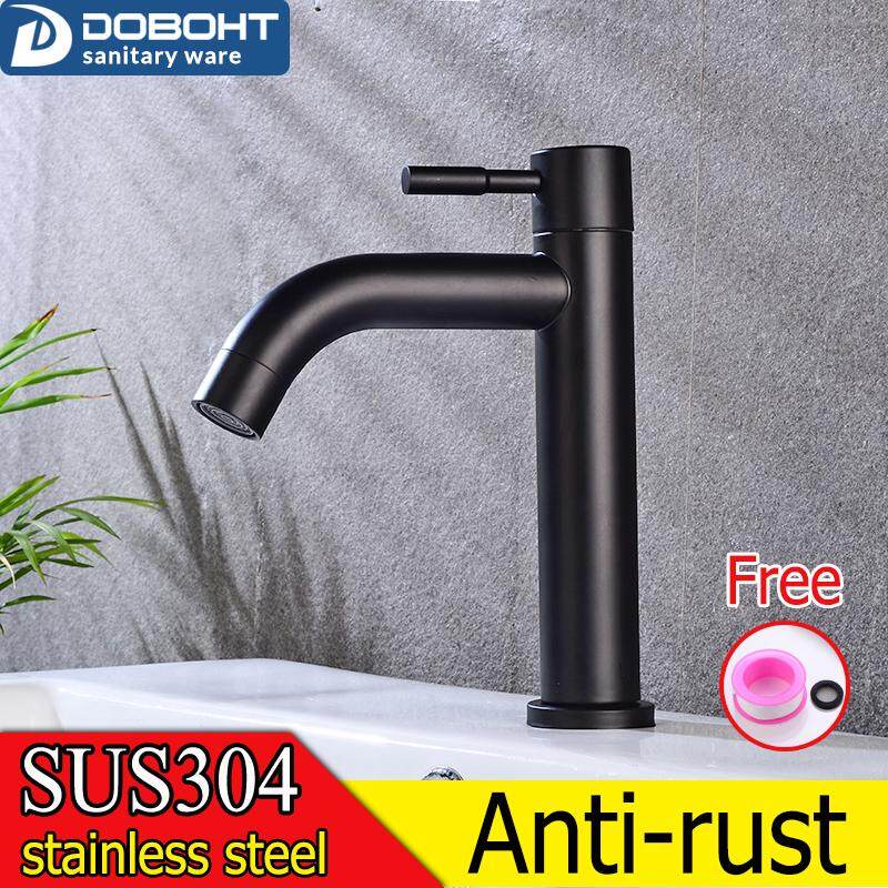 Doboht Baja Tahan Karat Fleksibel Wastafel Kamar Mandi Satu Tuas Keran Air Dingin Keran Wastafel (Hitam)