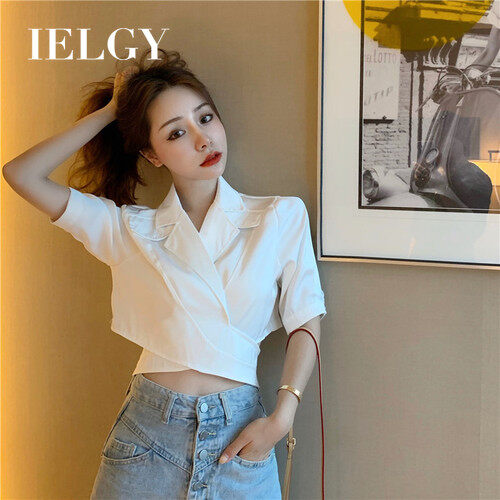 IELGY V-neck sexy halter straps cross leaking umbilical high waist short short sleeve shirt women