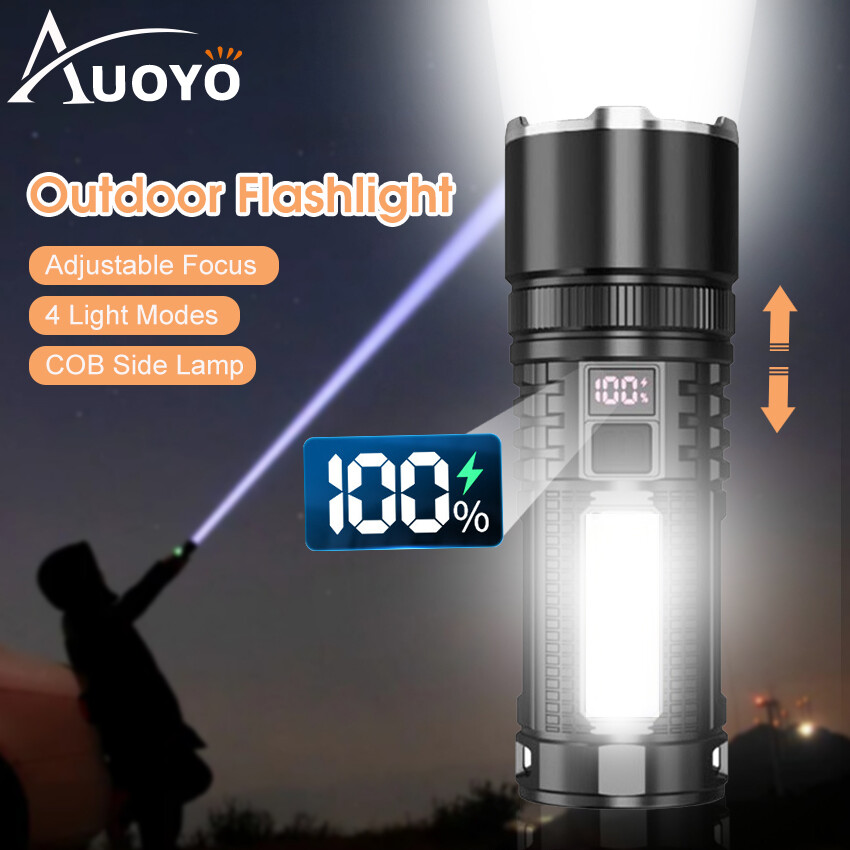 Auoyo Flashlight Powerful Flashlight Super Bright Electric Torch Telescopic Focus Flashlight Side Light COB Work Light Outdoor Portable Home Adventure Camping Emergency Light