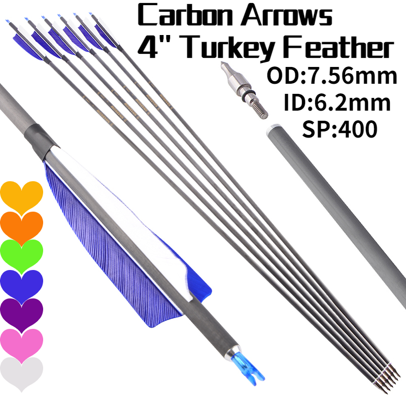 6/12Pcs 30" SP 400 Archery Carbon Arrows 4'' Turkey Feather Compound Bow Hunting 