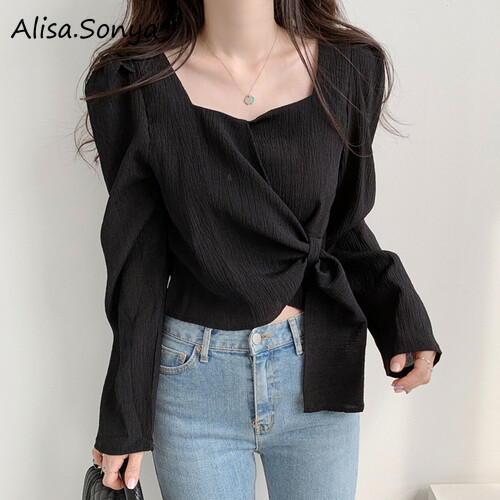 (Clearance) Alisa.Sonya New Arrival Slimming Sweatheart Collar Irregular Ruffle Loose Long Full Sleeve Blouse