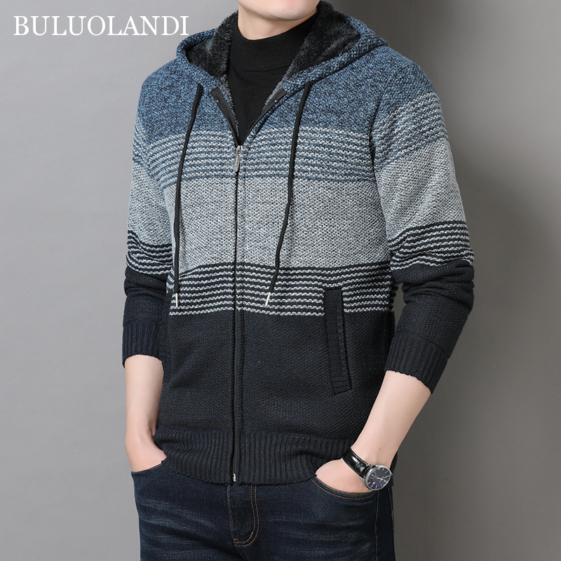 BULUOLANDI Men's Cardigans Stripe Pure Color Loose-Knit Male Coat with Cashmere Thick Patchwork Fashion Sweaters Jacket