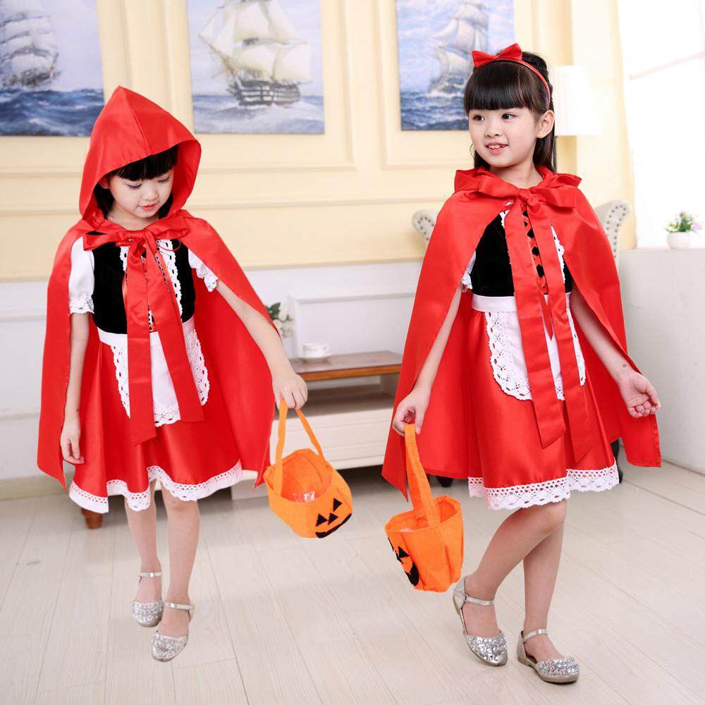 Fudun Little Red Riding Hood Princess Dress 3pcs Halloween Cosplay Clothing Set Performance Costumes for 2-15 Years Children Teenagers