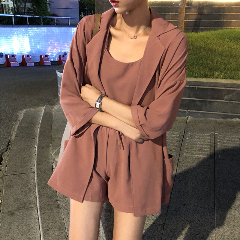 RULINWOODS 3Pcs Set quần áo bông nữ [Blazer+Tops+Shorts}