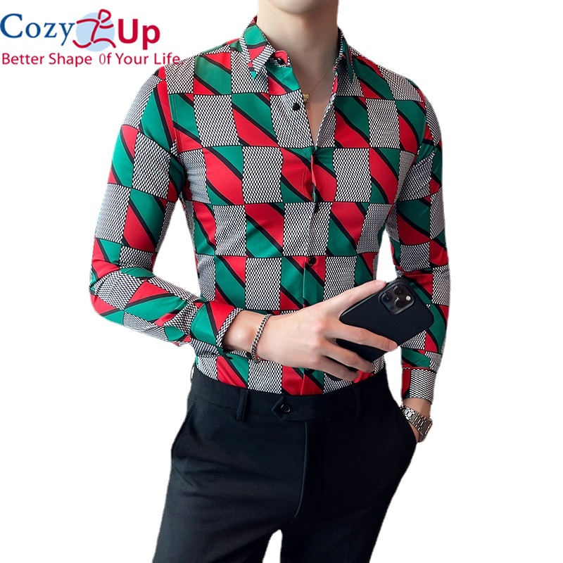 Cozy Up Men Shirt Long-sleeved Printing Casual Slim Social Light Luxury Plaid Batik British Style