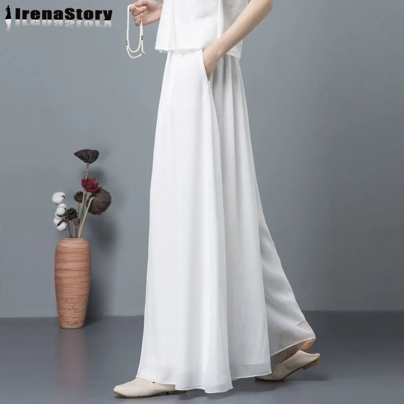 IRENASTORY Chiffon Pants Women Wide Leg Pants Loose Version Stretching High Waist Trousers