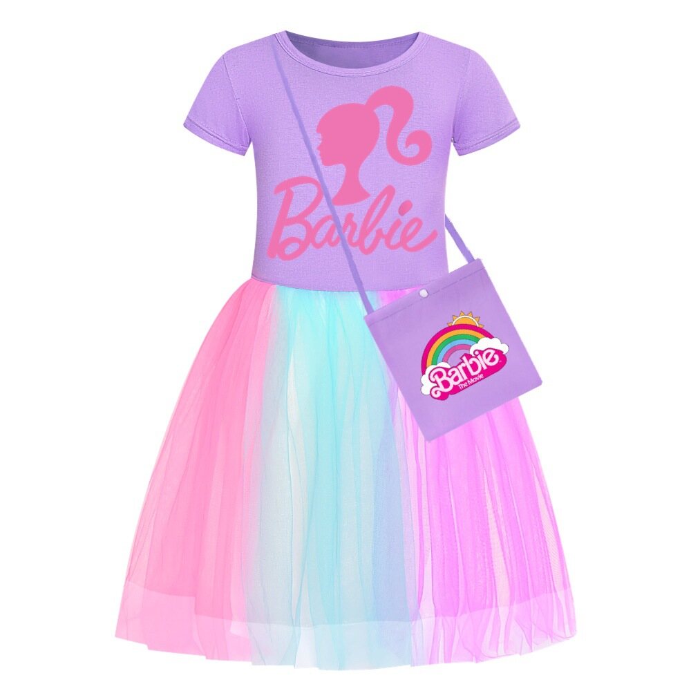 LZH children's new Barbie The Movie children's girls skirt rainbow gauze dress printed lace dress + bag dress